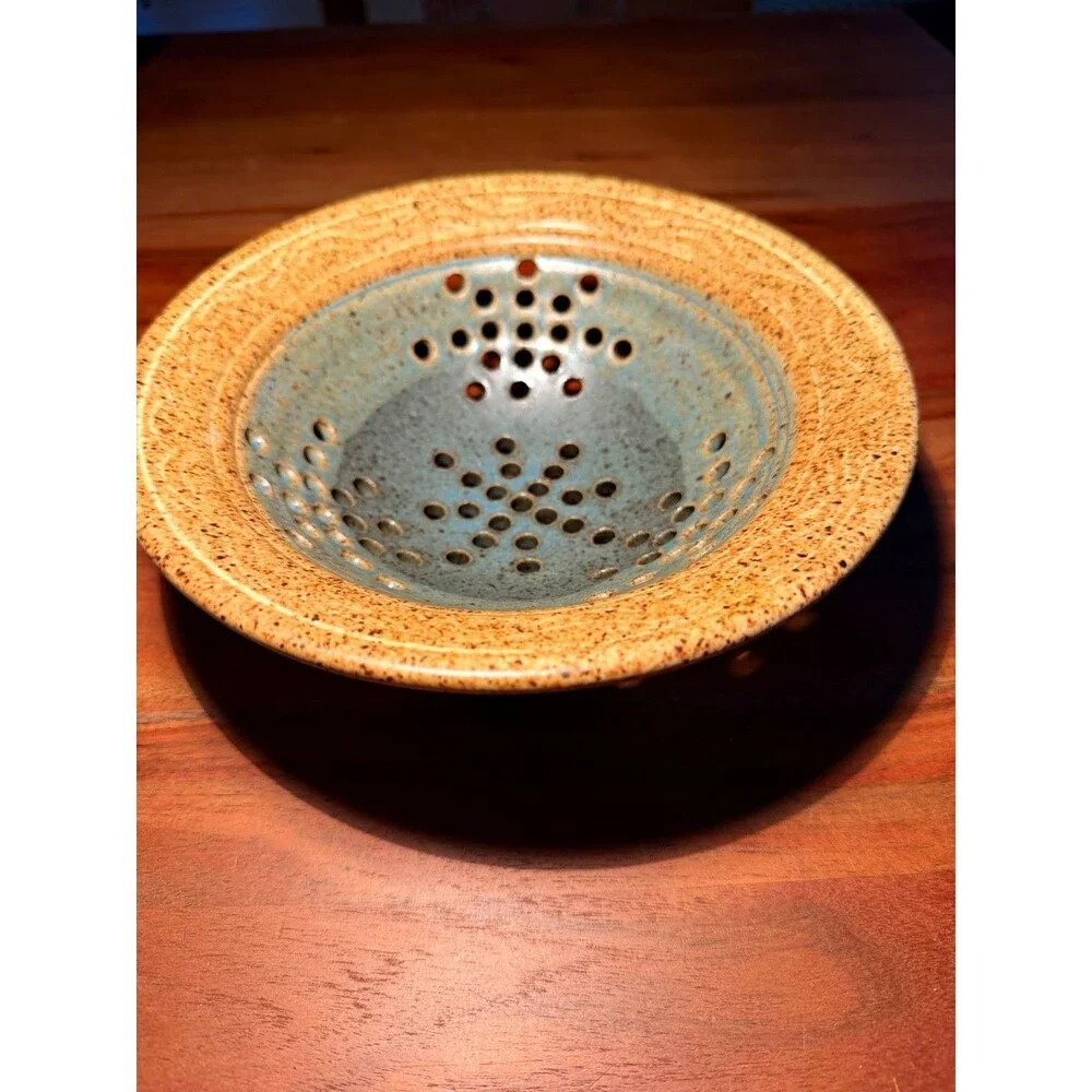 Paul Latos signed Speckled Ceramic Colander Berry Bowl, Tan/Blue, 8 in Diameter